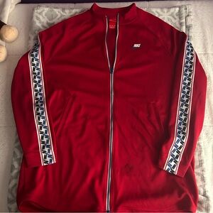 Nike Men's Red Zip-Up Sweater with Patterned Sleeves